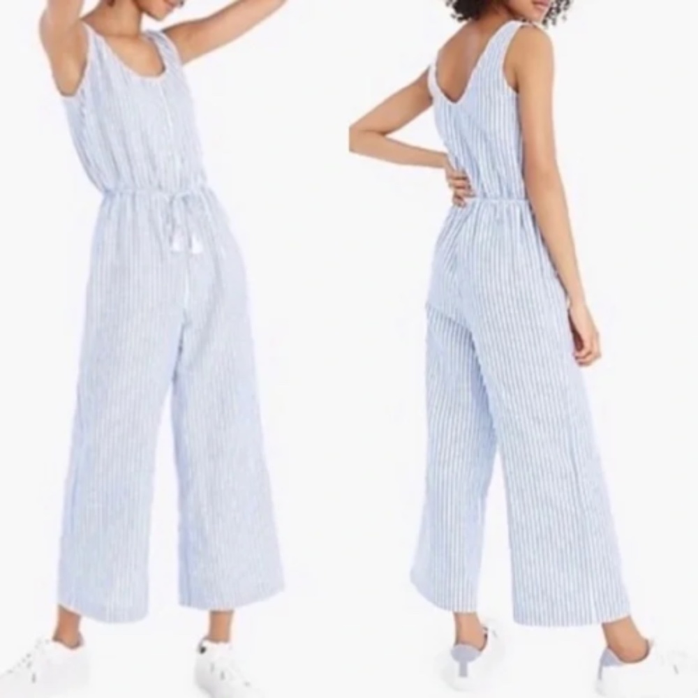 J. Crew Blue and White Striped Sleeveless Linen-Blend Jumpsuit